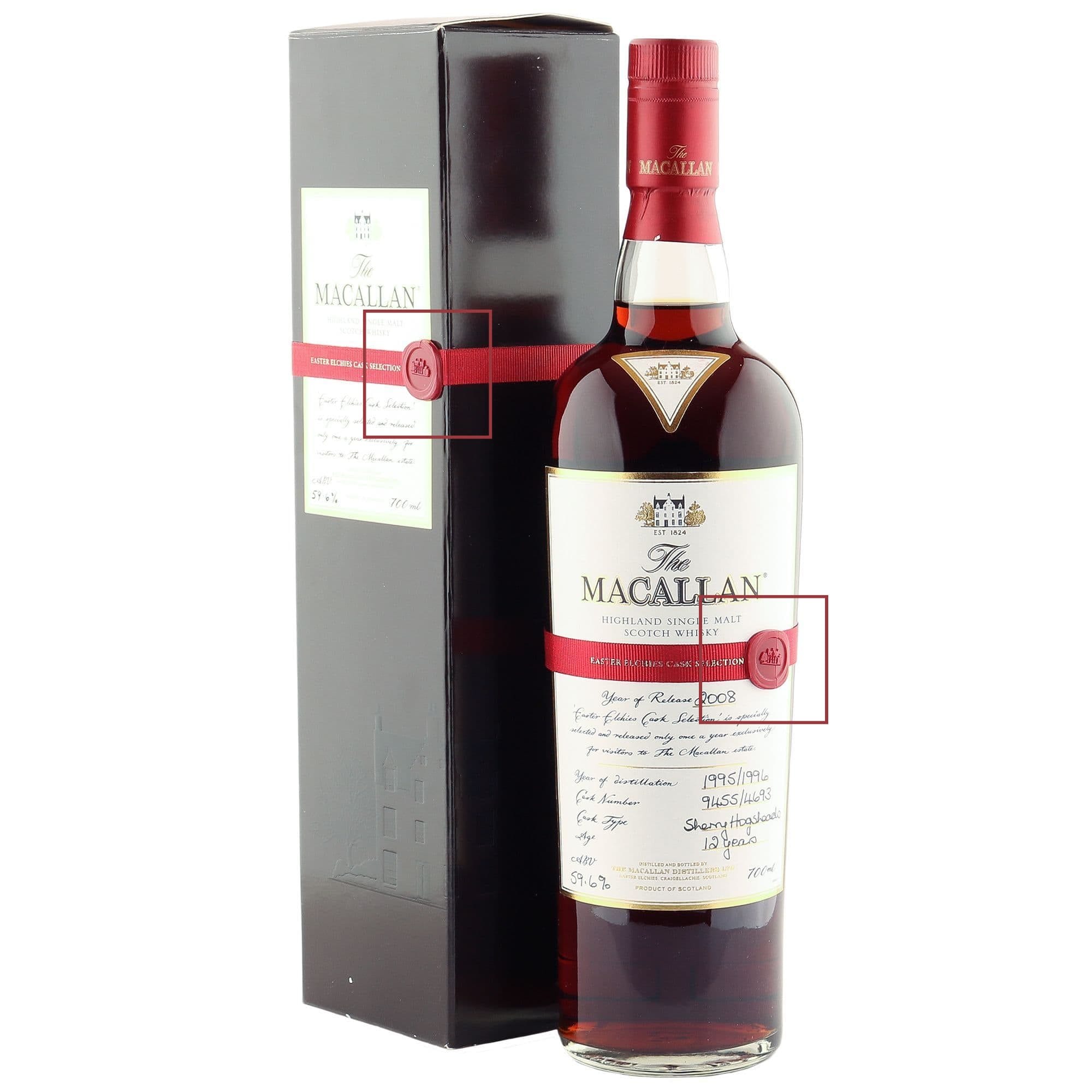 macallan 12 year old easter elchies (1995/96). Damaged wax seals on bottle and box